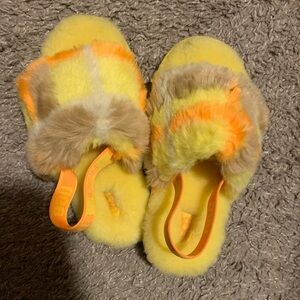 UGG Kids Yellow Plush Slide Slippers with Orange & Tan Accents